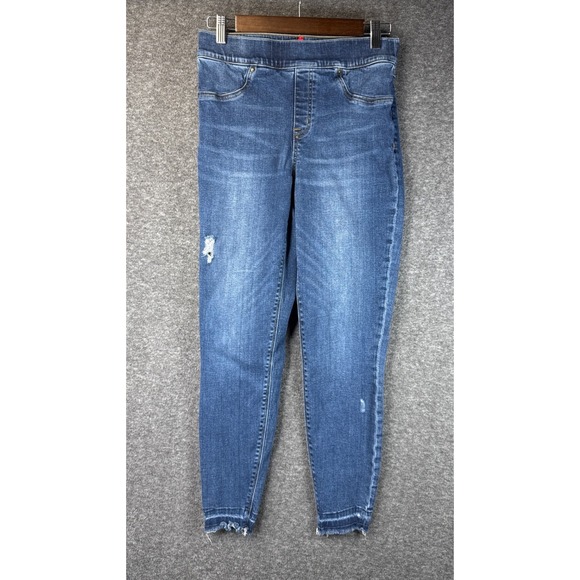 SPANX Blue Distressed Denim Jeans Womens Size M Skinny Leg Raw Hem Ankle 20203R - Picture 1 of 14